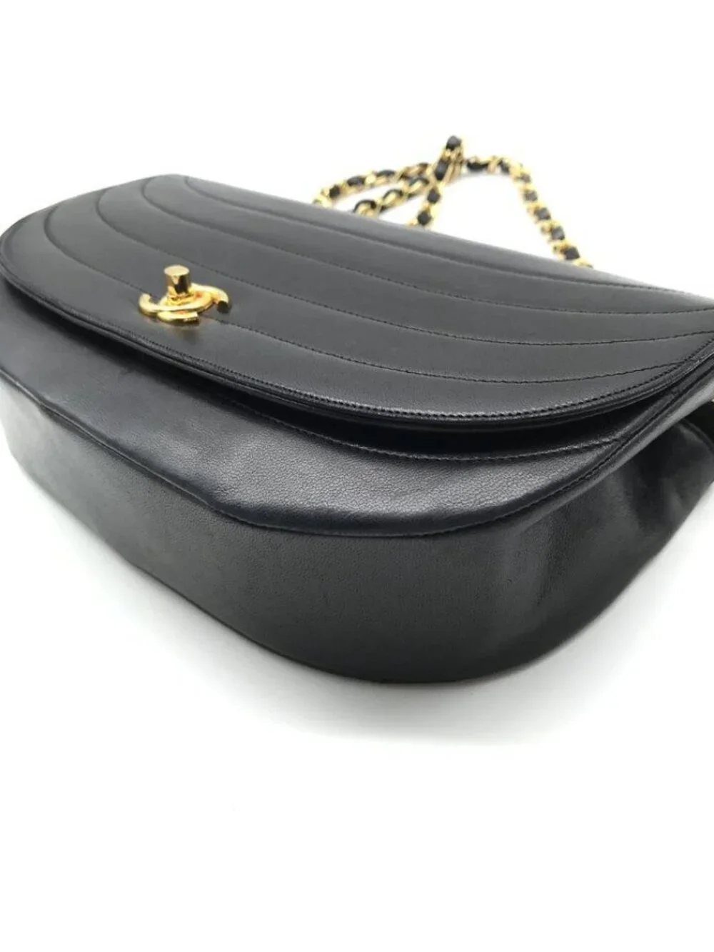 Chanel CC Logo Leather Half Moon Turnlock Chain Shoulder Bag Black